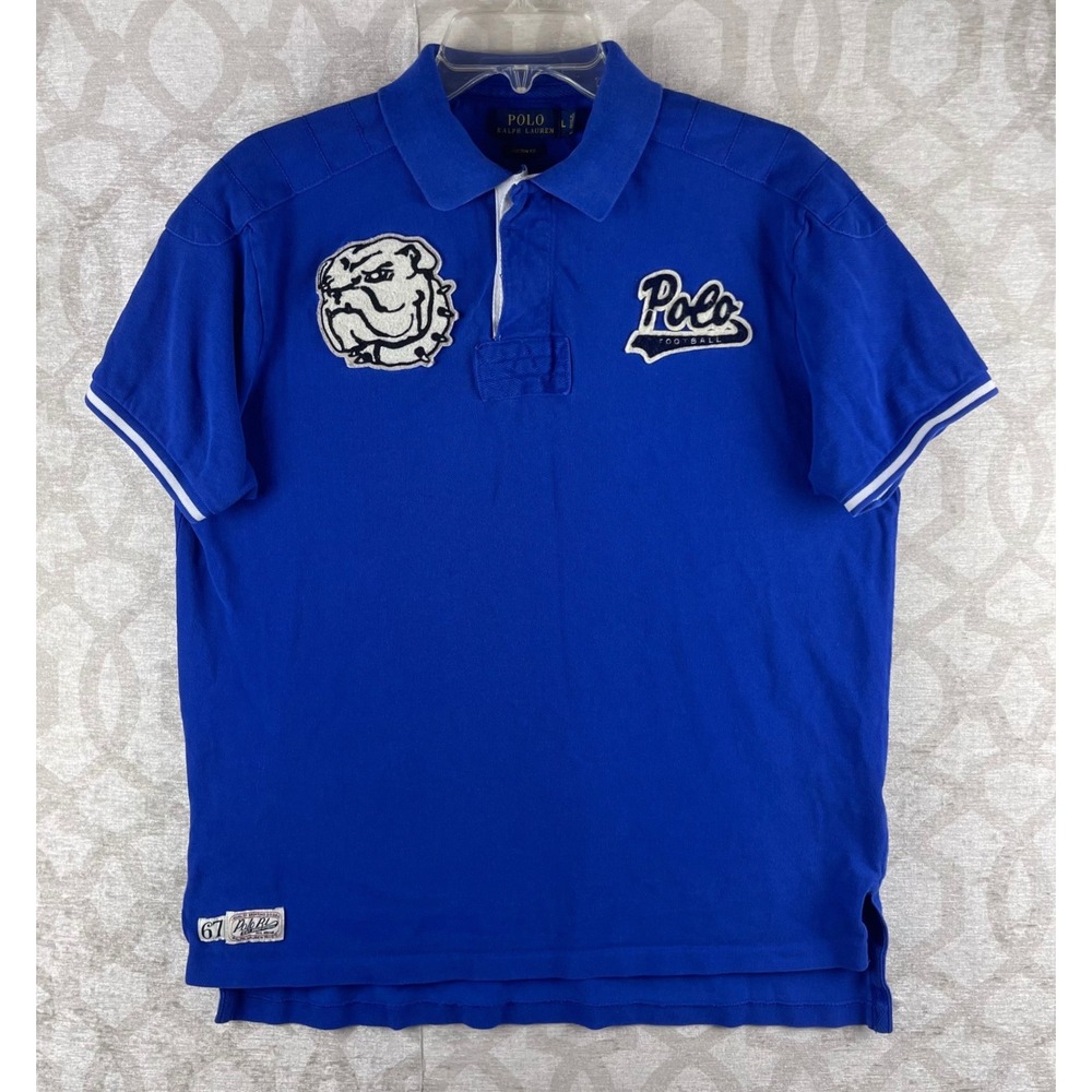 Polo Ralph Lauren Mens L Blue Bulldog Football Patch Custom Fit Cotton Polo